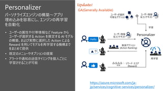 パーソナライズエンジンの構築～アプリ
埋め込みを容易にし、エンジンの再学習
を自動化
• ユーザーの属性や付帯情報など Feature から
ユーザーが選択する Action を推定する AI モデル
の構築、および実際に選択した Action による
Reward を用いてモデルを再学習する機構まで
をまとめて提供
• 既定のメニューやオプションの提案
• アラートや通知の送信タイミングを個人ごとに
学習させることが可能
Personalizer
Hello
？
👍
https://azure.microsoft.com/ja-
jp/services/cognitive-services/personalizer/
Update!
GA(Generally Available)
 