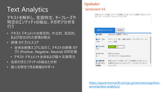 テキストを解析し、言語特定、キーフレーズや
特定のエンティティの抽出、ネガポジ分析を
行う
• テキスト ドキュメントの肯定的、中立的、否定的、
および混合された感情の検出
• 感情 カテゴリとスコア
• 全体の感情スコアに加えて、テキストの感情 カテ
ゴリ (Positive、Negative、Neutral) の判定値
• テキスト ドキュメント全体および個々文章両方
• 名前付きエンティティの抽出と分析
• 個人を特定できる情報のサポート
https://azure.microsoft.com/ja-jp/services/cognitive-
services/text-analytics/
Text Analytics
Update!
Sentiment V3
 
