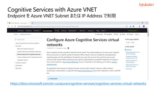 Cognitive Services with Azure VNET
Endpoint を Azure VNET Subnet または IP Address で制限
https://docs.microsoft.com/en-us/azure/cognitive-services/cognitive-services-virtual-networks
Update!
 