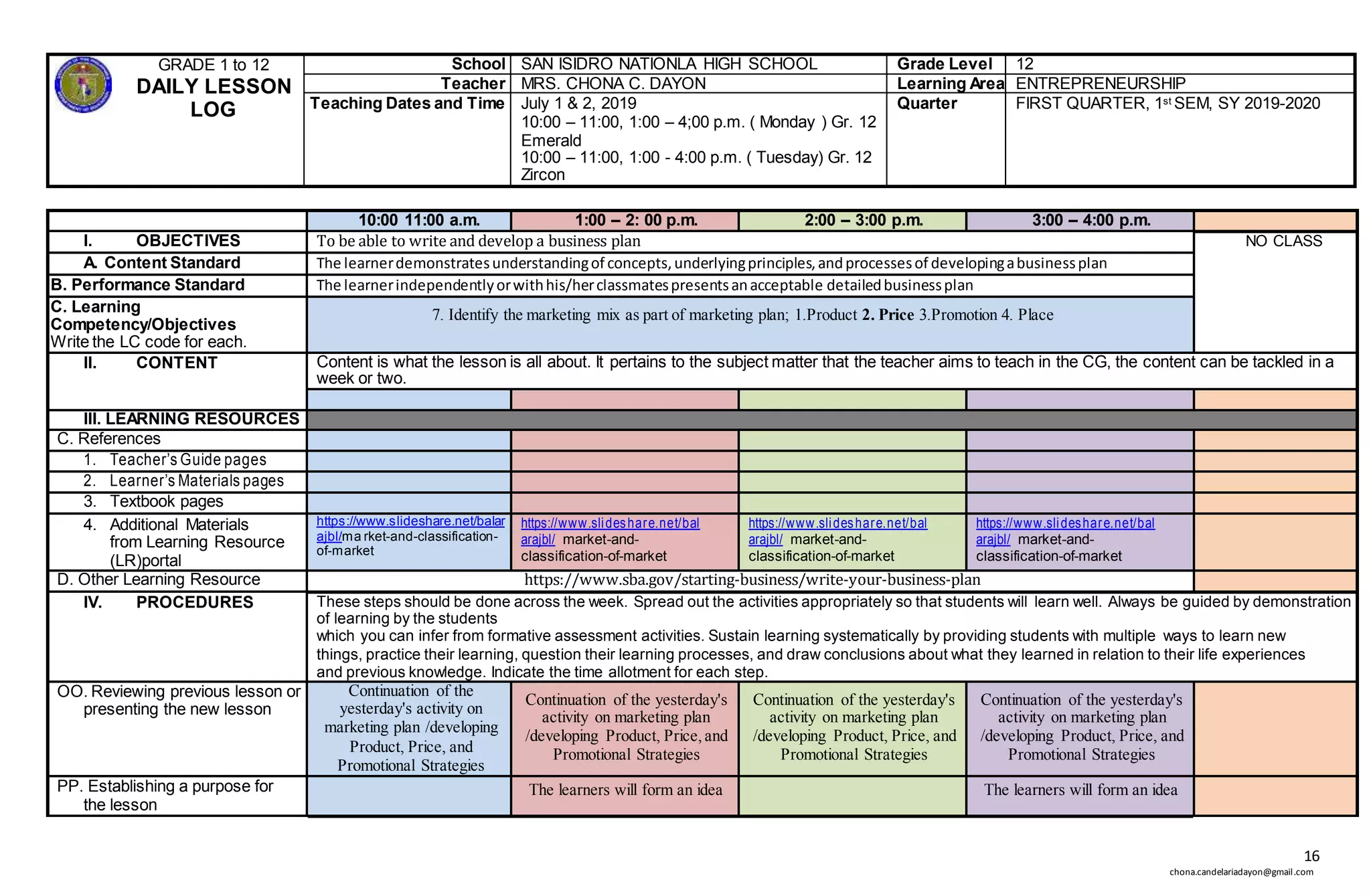 16
chona.candelariadayon@gmail.com
GRADE 1 to 12
DAILY LESSON
LOG
School SAN ISIDRO NATIONLA HIGH SCHOOL Grade Level 12
Teacher MRS. CHONA C. DAYON Learning Area ENTREPRENEURSHIP
Teaching Dates and Time July 1 & 2, 2019
10:00 – 11:00, 1:00 – 4;00 p.m. ( Monday ) Gr. 12
Emerald
10:00 – 11:00, 1:00 - 4:00 p.m. ( Tuesday) Gr. 12
Zircon
Quarter FIRST QUARTER, 1st SEM, SY 2019-2020
10:00 11:00 a.m. 1:00 – 2: 00 p.m. 2:00 – 3:00 p.m. 3:00 – 4:00 p.m.
I. OBJECTIVES To be able to write and develop a business plan NO CLASS
A. Content Standard The learnerdemonstratesunderstandingof concepts,underlyingprinciples,andprocessesof developingabusinessplan
B. Performance Standard The learnerindependentlyorwithhis/herclassmatespresentsanacceptable detailedbusinessplan
C. Learning
Competency/Objectives
Write the LC code for each.
7. Identify the marketing mix as part of marketing plan; 1.Product 2. Price 3.Promotion 4. Place
II. CONTENT Content is what the lesson is all about. It pertains to the subject matter that the teacher aims to teach in the CG, the content can be tackled in a
week or two.
III. LEARNING RESOURCES
C. References
1. Teacher’s Guide pages
2. Learner’s Materials pages
3. Textbook pages
4. Additional Materials
from Learning Resource
(LR)portal
https://www.slideshare.net/balar
ajbl/ma rket-and-classification-
of-market
https://www.slideshare.net/bal
arajbl/ market-and-
classification-of-market
https://www.slideshare.net/bal
arajbl/ market-and-
classification-of-market
https://www.slideshare.net/bal
arajbl/ market-and-
classification-of-market
D. Other Learning Resource https://www.sba.gov/starting-business/write-your-business-plan
IV. PROCEDURES These steps should be done across the week. Spread out the activities appropriately so that students will learn well. Always be guided by demonstration
of learning by the students
which you can infer from formative assessment activities. Sustain learning systematically by providing students with multiple ways to learn new
things, practice their learning, question their learning processes, and draw conclusions about what they learned in relation to their life experiences
and previous knowledge. Indicate the time allotment for each step.
OO. Reviewing previous lesson or
presenting the new lesson
Continuation of the
yesterday's activity on
marketing plan /developing
Product, Price, and
Promotional Strategies
Continuation of the yesterday's
activity on marketing plan
/developing Product, Price,and
Promotional Strategies
Continuation of the yesterday's
activity on marketing plan
/developing Product, Price, and
Promotional Strategies
Continuation of the yesterday's
activity on marketing plan
/developing Product, Price, and
Promotional Strategies
PP. Establishing a purpose for
the lesson
The learners will form an idea The learners will form an idea
 