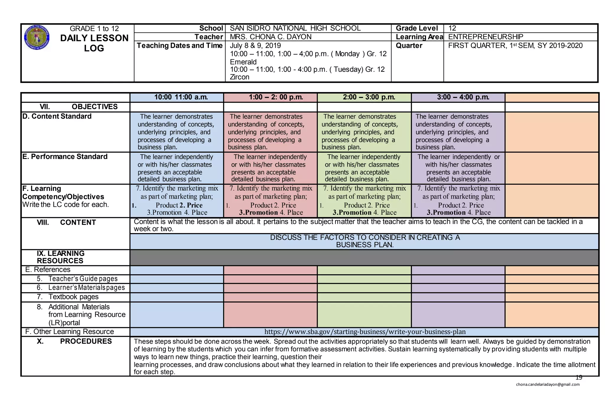 19
chona.candelariadayon@gmail.com
GRADE 1 to 12
DAILY LESSON
LOG
School SAN ISIDRO NATIONAL HIGH SCHOOL Grade Level 12
Teacher MRS. CHONA C. DAYON Learning Area ENTREPRENEURSHIP
Teaching Dates and Time July 8 & 9, 2019
10:00 – 11:00, 1:00 – 4;00 p.m. ( Monday ) Gr. 12
Emerald
10:00 – 11:00, 1:00 - 4:00 p.m. ( Tuesday) Gr. 12
Zircon
Quarter FIRST QUARTER, 1st SEM, SY 2019-2020
10:00 11:00 a.m. 1:00 – 2: 00 p.m. 2:00 – 3:00 p.m. 3:00 – 4:00 p.m.
VII. OBJECTIVES
D. Content Standard The learner demonstrates
understanding of concepts,
underlying principles, and
processes of developing a
business plan.
The learner demonstrates
understanding of concepts,
underlying principles, and
processes of developing a
business plan.
The learner demonstrates
understanding of concepts,
underlying principles, and
processes of developing a
business plan.
The learner demonstrates
understanding of concepts,
underlying principles, and
processes of developing a
business plan.
E. Performance Standard The learner independently
or with his/her classmates
presents an acceptable
detailed business plan.
The learner independently
or with his/her classmates
presents an acceptable
detailed business plan.
The learner independently
or with his/her classmates
presents an acceptable
detailed business plan.
The learner independently or
with his/her classmates
presents an acceptable
detailed business plan.
F. Learning
Competency/Objectives
Write the LC code for each.
7. Identify the marketing mix
as part of marketing plan;
1. Product 2. Price
3.Promotion 4. Place
7. Identify the marketing mix
as part of marketing plan;
1. Product 2. Price
3.Promotion 4. Place
7. Identify the marketing mix
as part of marketing plan;
1. Product 2. Price
3.Promotion 4. Place
7. Identify the marketing mix
as part of marketing plan;
1. Product 2. Price
3.Promotion 4. Place
VIII. CONTENT Content is what the lesson is all about. It pertains to the subject matter that the teacher aims to teach in the CG, the content can be tackled in a
week or two.
DISCUSS THE FACTORS TO CONSIDER IN CREATING A
BUSINESS PLAN.
IX. LEARNING
RESOURCES
E. References
5. Teacher’s Guide pages
6. Learner’sMaterialspages
7. Textbook pages
8. Additional Materials
from Learning Resource
(LR)portal
F. Other Learning Resource https://www.sba.gov/starting-business/write-your-business-plan
X. PROCEDURES These steps should be done across the week. Spread out the activities appropriately so that students will learn well. Always be guided by demonstration
of learning by the students which you can infer from formative assessment activities. Sustain learning systematically by providing students with multiple
ways to learn new things, practice their learning, question their
learning processes, and draw conclusions about what they learned in relation to their life experiences and previous knowledge. Indicate the time allotment
for each step.
 