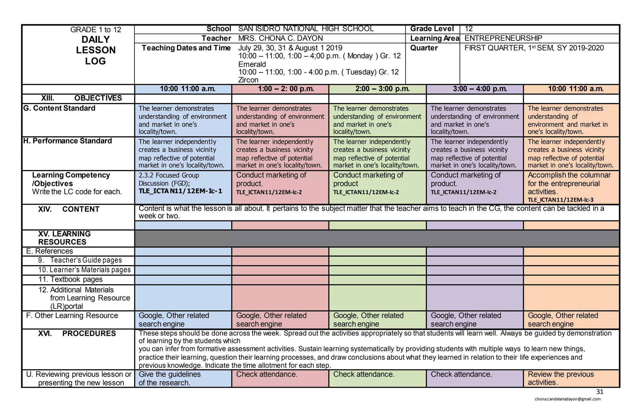 31
chona.candelariadayon@gmail.com
GRADE 1 to 12
DAILY
LESSON
LOG
School SAN ISIDRO NATIONAL HIGH SCHOOL Grade Level 12
Teacher MRS. CHONA C. DAYON Learning Area ENTREPRENEURSHIP
Teaching Dates and Time July 29, 30, 31 & August 1 2019
10:00 – 11:00, 1:00 – 4;00 p.m. ( Monday ) Gr. 12
Emerald
10:00 – 11:00, 1:00 - 4:00 p.m. ( Tuesday) Gr. 12
Zircon
Quarter FIRST QUARTER, 1st SEM, SY 2019-2020
10:00 11:00 a.m. 1:00 – 2: 00 p.m. 2:00 – 3:00 p.m. 3:00 – 4:00 p.m. 10:00 11:00 a.m.
XIII. OBJECTIVES
G. Content Standard The learner demonstrates
understanding of environment
and market in one’s
locality/town.
The learner demonstrates
understanding of environment
and market in one’s
locality/town.
The learner demonstrates
understanding of environment
and market in one’s
locality/town.
The learner demonstrates
understanding of environment
and market in one’s
locality/town.
The learner demonstrates
understanding of
environment and market in
one’s locality/town.
H. Performance Standard The learner independently
creates a business vicinity
map reflective of potential
market in one’s locality/town.
The learner independently
creates a business vicinity
map reflective of potential
market in one’s locality/town.
The learner independently
creates a business vicinity
map reflective of potential
market in one’s locality/town.
The learner independently
creates a business vicinity
map reflective of potential
market in one’s locality/town.
The learner independently
creates a business vicinity
map reflective of potential
market in one’s locality/town.
Learning Competency
/Objectives
Write the LC code for each.
2.3.2 Focused Group
Discussion (FGD);
TLE_ICTA N11/12EM-Ic-1
Conduct marketing of
product.
TLE_ICTAN11/12EM-Ic-2
Conduct marketing of
product
TLE_ICTAN11/12EM-Ic-2
Conduct marketing of
product.
TLE_ICTAN11/12EM-Ic-2
Accomplish the columnar
for the entrepreneurial
activities.
TLE_ICTAN11/12EM-Ic-3
XIV. CONTENT Content is what the lesson is all about. It pertains to the subject matter that the teacher aims to teach in the CG, the content can be tackled in a
week or two.
XV. LEARNING
RESOURCES
E. References
9. Teacher’s Guide pages
10. Learner’s Materials pages
11. Textbook pages
12. Additional Materials
from Learning Resource
(LR)portal
F. Other Learning Resource Google, Other related
search engine
Google, Other related
search engine
Google, Other related
search engine
Google, Other related
search engine
Google, Other related
search engine
XVI. PROCEDURES These steps should be done across the week. Spread out the activities appropriately so that students will learn well. Always be guided by demonstration
of learning by the students which
you can infer from formative assessment activities. Sustain learning systematically by providing students with multiple ways to learn new things,
practice their learning, question their learning processes, and draw conclusions about what they learned in relation to their life experiences and
previous knowledge. Indicate the time allotment for each step.
U. Reviewing previous lesson or
presenting the new lesson
Give the guidelines
of the research.
Check attendance. Check attendance. Check attendance. Review the previous
activities.
 