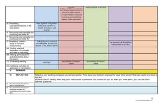 10
chona.candelariadayon@gmail.com
it growing?
3) What is (will be) your share? How
will your share change over time? 4)
What is the industry outlook?
5) Are there segments of users who
are under-served by competition?
6) Do any of theseunder-served
segments present opportunities?
market analysis to the class
W. Presenting
examples/Instances of the
new lesson
Show a picture of a product
and ask the students to
identify its features and
benefits
X. Discussing new concepts and
practicing new skills # 1
Y. Discussing new concepts and
practicing new skills # 2
Z. Developing mastery
(leads to Formative
Assessment 3)
Ask the learners to present
their identified features and
benefits of the product shown
The learners will defend their
concept/idea to the class
AA. Finding practical
application of concepts
and skills in daily living
BB. Making generalizations
and abstractions about
the lesson
CC. Evaluating learning short quiz presentation of learners'
output
presentation of learners'
output
DD. Additional activities for
application or remediation
V. REMARKS
VI. REFLECTION Reflect on your teaching and assess yourself asa teacher. Think about your students’ progress this week. What works? What else needs to be done to
help the
students learn? Identify what help your instructional supervisors can provide for you so when you meet them, you can ask them
relevant questions.
G. No. of learners who earned
80% in the evaluation
H. No. of learners who require
additional activities for
remediation who scored below
80%
 
