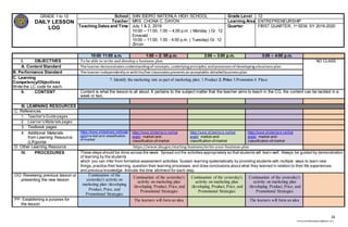 16
chona.candelariadayon@gmail.com
GRADE 1 to 12
DAILY LESSON
LOG
School SAN ISIDRO NATIONLA HIGH SCHOOL Grade Level 12
Teacher MRS. CHONA C. DAYON Learning Area ENTREPRENEURSHIP
Teaching Dates and Time July 1 & 2, 2019
10:00 – 11:00, 1:00 – 4;00 p.m. ( Monday ) Gr. 12
Emerald
10:00 – 11:00, 1:00 - 4:00 p.m. ( Tuesday) Gr. 12
Zircon
Quarter FIRST QUARTER, 1st SEM, SY 2019-2020
10:00 11:00 a.m. 1:00 – 2: 00 p.m. 2:00 – 3:00 p.m. 3:00 – 4:00 p.m.
I. OBJECTIVES To be able to write and develop a business plan NO CLASS
A. Content Standard The learnerdemonstratesunderstandingof concepts,underlyingprinciples,andprocessesof developingabusinessplan
B. Performance Standard The learnerindependentlyorwithhis/herclassmatespresentsanacceptable detailedbusinessplan
C. Learning
Competency/Objectives
Write the LC code for each.
7. Identify the marketing mix as part of marketing plan; 1.Product 2. Price 3.Promotion 4. Place
II. CONTENT Content is what the lesson is all about. It pertains to the subject matter that the teacher aims to teach in the CG, the content can be tackled in a
week or two.
III. LEARNING RESOURCES
C. References
1. Teacher’s Guide pages
2. Learner’s Materials pages
3. Textbook pages
4. Additional Materials
from Learning Resource
(LR)portal
https://www.slideshare.net/balar
ajbl/ma rket-and-classification-
of-market
https://www.slideshare.net/bal
arajbl/ market-and-
classification-of-market
https://www.slideshare.net/bal
arajbl/ market-and-
classification-of-market
https://www.slideshare.net/bal
arajbl/ market-and-
classification-of-market
D. Other Learning Resource https://www.sba.gov/starting-business/write-your-business-plan
IV. PROCEDURES These steps should be done across the week. Spread out the activities appropriately so that students will learn well. Always be guided by demonstration
of learning by the students
which you can infer from formative assessment activities. Sustain learning systematically by providing students with multiple ways to learn new
things, practice their learning, question their learning processes, and draw conclusions about what they learned in relation to their life experiences
and previous knowledge. Indicate the time allotment for each step.
OO. Reviewing previous lesson or
presenting the new lesson
Continuation of the
yesterday's activity on
marketing plan /developing
Product, Price, and
Promotional Strategies
Continuation of the yesterday's
activity on marketing plan
/developing Product, Price,and
Promotional Strategies
Continuation of the yesterday's
activity on marketing plan
/developing Product, Price, and
Promotional Strategies
Continuation of the yesterday's
activity on marketing plan
/developing Product, Price, and
Promotional Strategies
PP. Establishing a purpose for
the lesson
The learners will form an idea The learners will form an idea
 