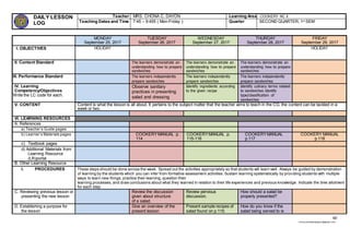 60
chona.candelariadayon@gmail.com
DAILY LESSON
LOG
Teacher MRS. CHONA C. DAYON Learning Area COOKERY NC II
Teaching Dates and Time 7:45 – 9:455 ( Mon-Friday ) Quarter SECOND QUARTER, 1st SEM
MONDAY
September 25, 2017
TUESDAY
September 26, 2017
WEDNESDAY
September 27, 2017
THURDAY
September 28, 2017
FRIDAY
September 29, 2017
I. OBJECTIVES HOLIDAY HOLIDAY
II. Content Standard The learners demonstrate an
understanding how to prepare
sandwiches
The learners demonstrate an
understanding how to prepare
sandwiches
The learners demonstrate an
understanding how to prepare
sandwiches
III. Performance Standard The learners independently
prepare sandwiches
The learners independently
prepare sandwiches
The learners independently
prepare sandwiches
IV. Learning
Competency/Objectives
Write the LC code for each.
Observe sanitary
practices in presenting
salad and dressing
Identify ingredients according
to the given recipe
Identify culinary terms related
to sandwiches identify
type/classification of
sandwiches
V. CONTENT Content is what the lesson is all about. It pertains to the subject matter that the teacher aims to teach in the CG, the content can be tackled in a
week or two.
VI. LEARNING RESOURCES
A. References
a) Teacher’s Guide pages
b) Learner’s Materials pages COOKERYMANUAL p.
114
COOKERYMANUAL p.
115-116
COOKERYMANUAL
p.117
COOKERY MANUAL
p.118
c) Textbook pages
d) Additional Materials from
Learning Resource
(LR)portal
B. Other Learning Resource
I. PROCEDURES These steps should be done across the week. Spread out the activities appropriately so that students will learn well. Always be guided by demonstration
of learning by the students which you can infer from formative assessment activities. Sustain learning systematically by providing students with multiple
ways to learn new things, practice their learning, question their
learning processes, and draw conclusions about what they learned in relation to their life experiences and previous knowledge. Indicate the time allotment
for each step.
C. Reviewing previous lesson or
presenting the new lesson
Review the discussion
given about structure
of a salad.
Review pervious
discussion.
How should a salad be
properly presented?
D. Establishing a purpose for
the lesson
Give an overview of the
present lesson.
Present sample recipes of
salad found on p.115.
How do you know if the
salad being served to is
 