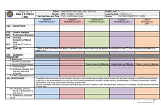 72
chona.candelariadayon@gmail.com
GRADE 1 to 12
DAILY LESSON
LOG
School SAN ISIDRO NATIONAL HIGH SCHOOL Grade Level 11, 12
Teacher MRS. CHONA C. DAYON Learning Area COOKERY NC II
Teaching Dates and Time 7:45 – 9:455 ( Mon-Friday ) Quarter SECOND QUARTER, 1st SEM
MONDAY
November 20, 2017
TUESDAY
November 21, 2017
WEDNESDAY
November 22, 2017
THURDAY
November 23, 2017
FRIDAY
November 24,
2017
XXII. OBJECTIVES
XXIII. Content Standard
XXIV. Performance Standard
XXV. Learning
Competency/Object
ives
XXVI. Write the LC code for
each.
XVII. CONTENT Content is what the lesson is all about. It pertains to the subject matter that the teacher aims to teach in the CG, the content can be tackled in a
week or two.
XVIII. LEARNING
RESOURCES
S. References
T. Teacher’s Guide pages
U. Learner’s Materials pages Cookery Learning Materials Cookery Learning Materials Cookery Learning Materials
V. Textbook pages
W. Additional Materials from
Learning Resource
(LR)portal
X. Other Learning Resource
VIII. PROCEDURES These steps should be done across the week. Spread out the activities appropriately so that students will learn well. Always be guided by demonstration
of learning by the students which you can infer from formative assessment activities. Sustain learning systematically by providing students with multiple
ways to learn new things, practice their learning, question their
learning processes, and draw conclusions about what they learned in relation to their life experiences and previous knowledge. Indicate the time allotment
for each step.
HH. Reviewing previous
lesson or presenting the
new lesson
II. Establishing a purpose
for the
 
