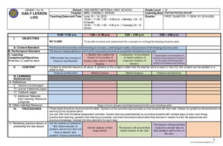 8
chona.candelariadayon@gmail.com
GRADE 1 to 12
DAILY LESSON
LOG
School SAN ISIDRO NATIONLA HIGH SCHOOL Grade Level 12
Teacher MRS. CHONA C. DAYON Learning Area ENTREPRENEURSHIP
Teaching Dates and Time June 10 – 14, 2019
10:00 – 11:00, 1:00 – 4;00 p.m. ( Monday ) Gr. 12
Emerald
10:00 – 11:00, 1:00 - 4:00 p.m. ( Tuesday) Gr. 12
Zircon
Quarter FIRST QUARTER, 1st SEM, SY 2019-2020
10:00 11:00 a.m. 1:00 – 2: 00 p.m. 2:00 – 3:00 p.m. 3:00 – 4:00 p.m.
I. OBJECTIVES
NO CLASS To be able to know and understand the concepts in writing/developing business plan
A. Content Standard The learnerdemonstratesunderstandingof concepts,underlyingprinciples,andprocessesof developingabusinessplan
B. Performance Standard The learnerindependentlyorwithhis/herclassmates presentsanacceptable detailedbusinessplan
C. Learning
Competency/Objectives
Write the LC code for each.
Differentiate the concept of
Features and Benefits
5. Identify then analyze the
3rd part of 1st section of
business plan which is Market
Analysis
Continuation of presentation
of market analysis of
respective business of
learners.
Continuation of presentation of
learners' idea/concept of 2nd part
of 1st section of business plan
which is on Products and Services
II. CONTENT Content is what the lesson is all about. It pertains to the subject matter that the teacher aims to teach in the CG, the content can be tackled in a
week or two.
FeaturesandBenefits Market Analysis Market Analysis Products and Services
III. LEARNING
RESOURCES
A. References
9. Teacher’s Guide pages
10. Learner’s Materials pages
11. Textbook pages
12. Additional Materials
from Learning Resource
(LR)portal
B. Other Learning Resource https://www.sba.gov/starting-business/write-your-business-plan
IV. PROCEDURES These steps should be done across the week. Spread out the activities appropriately so that students will learn well. Always be guided by demonstration of
learning by the students which
you can infer from formative assessment activities. Sustain learning systematically by providing students with multiple ways to learn new things,
practice their learning, question their learning processes, and draw conclusions about what they learned in relation to their life experiences and
previous knowledge. Indicate the time allotment for each step.
U. Reviewing previous lesson or
presenting the new lesson
ask the students to summarize
their ideas/concepts on
products and services then ask
them to identify their
products' features and benefits
Ask the students of their
target market
The learners will present their
market analysis in the class
The learners will present their
respective concept/ idea on
their products and services to
the class
 