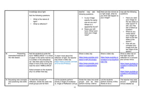 13
knowledge about light.
Ask the following questions:
• What is the nature of
light?
• What is reflection?
teacher may ask the
following questions.
1. Is your image
exactly the same
size as you are?
Where is it
apparently found?
2. Raise your left
hand. What hand
does your image
raise?
there are two mirrors at
a right angle, what do
you think will happen to
your image?
may ask the following
questions:
• Have you seen
your image on
the two sides of
clear spoon? If
yes, you may
ask a follow-up
question.
• What do you
notice about
your image on
each of the two
sides of the
spoon?
• How will you
compare your
image from the
two sides of the
spoon?
M. Presenting
examples/Instances of
the new lesson.
Ask the students to write the
word “AMBULANCE” in a sheet
of paper in the same manner as
it is written in the ambulance
car. Ask them also to bring the
sheet in front of the mirror and
read the word “AMBULANCE”.
Solicit answers to the students
why it is written that way.
To learn more about the
reflection of light, the teacher
may show a video clip.
(https://www.youtube.com/wat
ch?v=vt-SG7Pn8UU)
Show a video clip.
https://www.youtube.com/
watch?v=BPJ5CsGqtjU
https://www.youtube.com/
watch?v=QsjbesdhM3w
Show a video clip.
https://www.youtube.co
m/watch?v=ra1SozRvrh
E&t=79s
Show a video clip on
how light rays are
reflected on a concave
and convex mirror.
https://www.youtube.co
m/watch?v=5WwCP0k
U9lE
https://www.youtube.co
m/watch?v=KV0ASy7K
E5I
N. Discussing new concepts
and practicing new skills
# 1
To elicit the concept of
reflection, divide the class into
small groups and let them
Let the students perform
activity 2 Angle of Incidence
vs. Angle of Reflection (LM pp
Divide the class into small
groups and let them
perform Actvity 3 Mirror
Let the students
perform Activity 4 Who
Wants to be a
The teacher may pass
around spherical
mirrors labeled as
 