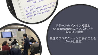 リテールのドメイン知識と
Azure Databricksのハンズオンを
一般向けに提供
最速でプロダクションに移すことを
ゴールに設定
 