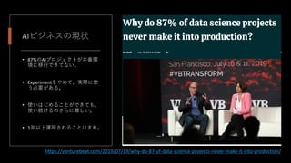 AIビジネスの現状
• 87%のAIプロジェクトが本番環
境に移行できてない。
• Experimentをやめて、実際に使
う必要がある。
• 使いはじめることができても、
使い続けるのさらに難しい。
• 1年以上運用されることはまれ。
https://venturebeat.com/2019/07/19/why-do-87-of-data-science-projects-never-make-it-into-production/
 