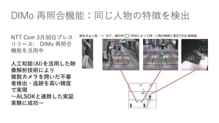 DIMo 再照合機能：同じ人物の特徴を検出
NTT Com 3月30日プレス
リリース: DIMo 再照合
機能を活用中
人工知能(AI)を活用した映
像解析技術により
複数カメラを跨いだ不審
者検出・追跡を高い精度
で実現
～ALSOKと連携した実証
実験に成功～
 