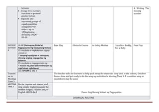 between
 Arrange three numbers
from least to greatest/
greatest to least
 Separate and
represent groups of
equal quantities
using concrete
objects up to
10(beginning
division) (MKAT-
00-16
4. Writing The
missing
number
INDOOR/
OUTDOO
R
LA: KP (Kalusugang Pisikal at
Pagpapaunlad ng Kakayahang Motor)
Free Play Obstacle Course to Safety Mother Says Be a Buddy,
Not a Bully
Free Play
CS: Ang bata ay nagkakaroon ng pag-
unawa sa:
* kanyang kapaligiran at naiuugnay
dito ang angkop na paggalaw ng
katawan
PS: Ang bata ay nagpapamalas ng:
* maayos na galaw at koordinasyon ng
mga bahagi ng katawan
LCC: KPKGM-Ia-1 to 3
Transiti
on to
Meeting
Time 3
The teacher tells the learners to help pack away the materials they used in the Indoor/ Outdoor
Games time and get ready to do the wrap up activities in Meeting Time 3. A transition song or
countdown may be used.
MEETING
TIME 3
Recite rhymes and poems, and
sing simple jingles/songs in the
mother tongue, Filipino and/or
English LLKOL-Ia-2 Poem: Ang Batang Mabait ay Pagpapalain
DISMISSAL ROUTINE
 