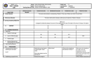 daily lesson plan in science grade 8: Laws of Motion | DOCX