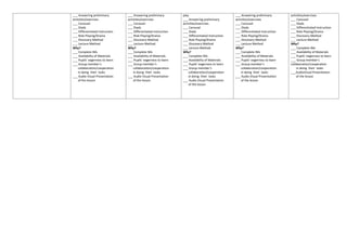 ___ Answering preliminary
activities/exercises
___ Carousel
___ Diads
___ Differentiated Instruction
___ Role Playing/Drama
___ Discovery Method
___ Lecture Method
Why?
___ Complete IMs
___ Availability of Materials
___ Pupils’ eagerness to learn
___ Group member’s
collaboration/cooperation
in doing their tasks
___ Audio Visual Presentation
of the lesson
___ Answering preliminary
activities/exercises
___ Carousel
___ Diads
___ Differentiated Instruction
___ Role Playing/Drama
___ Discovery Method
___ Lecture Method
Why?
___ Complete IMs
___ Availability of Materials
___ Pupils’ eagerness to learn
___ Group member’s
collaboration/cooperation
in doing their tasks
___ Audio Visual Presentation
of the lesson
play
___ Answering preliminary
activities/exercises
___ Carousel
___ Diads
___ Differentiated Instruction
___ Role Playing/Drama
___ Discovery Method
___ Lecture Method
Why?
___ Complete IMs
___ Availability of Materials
___ Pupils’ eagerness to learn
___ Group member’s
collaboration/cooperation
in doing their tasks
___ Audio Visual Presentation
of the lesson
___ Answering preliminary
activities/exercises
___ Carousel
___ Diads
___ Differentiated Instruction
___ Role Playing/Drama
___ Discovery Method
___ Lecture Method
Why?
___ Complete IMs
___ Availability of Materials
___ Pupils’ eagerness to learn
___ Group member’s
collaboration/cooperation
in doing their tasks
___ Audio Visual Presentation
of the lesson
activities/exercises
___ Carousel
___ Diads
___ Differentiated Instruction
___ Role Playing/Drama
___ Discovery Method
___ Lecture Method
Why?
___ Complete IMs
___ Availability of Materials
___ Pupils’ eagerness to learn
___ Group member’s
collaboration/cooperation
in doing their tasks
___AudioVisual Presentation
of the lesson
 