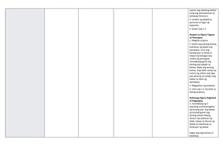naman ang kaliwang balikat
kung ang iwinawasiwas ay
kaliwang hintuturo.
3. Umikot ng pabalik at
pumunta sa lugar ng
kapareha.
4. Gawin ang 1-3.
Ikaapat na Pigura-Taguan
sa Pamaypay
1. Magkita sa gitna.
2. Gamit ang kanang kamay,
bubuksan ng babae ang
pamaypay. Ituro ang
kanang paa sa harap at
takpan ng bahagya ang
mukha ng pamaypay.
Humakbang gamit ang
kanang paa palapit sa
kaliwa, ibaba ang kanang
kamay. Ang lalaki naman ay
ituturo ng salitan ang mga
paa paharap at sisilipin ang
babae sa ilalim ng
pamaypay.
3. Magpalitan ng puwesto.
4. Ultin ang 1-3. Bumalik sa
dating puwesto.
Ikalimang Pigura-Pagluhod
at Pagpaypay
1. Humakbang ng 3
pasulong sa pamamagitan
ng kanang paa. Ang babae
ay luluhod gamit ang
kanang tuhod habang
iikutan siya pakanan ng
lalaki, tatayo sa likuran ng
babae at nakaharap sa
direksyon ng babae.
Ilagay ang mga kamay sa
baywang.
 