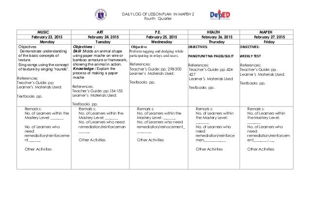 K to 12 Grade 2 DLL MAPEH (Q1 – Q4) – q4)