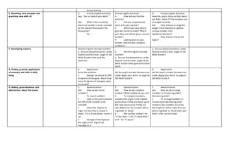 Group Activity
E. Discussing new concepts and
practicing new skills #2
3. Processingthe Activities
Say: “Let us look at your work.”
Ask: What is the rounding
placeif a number is to be rounded
to the nearest thousands? Ten
thousands?
Etc . . .
Processingthe Activities
• How did you find the
activity?
• Did you cooperatively
work with your partner?
• Which pair was ableto
give the correct answer? Which
pair does not ableto give a correct
answer?
• Looking back at your
answer, how did you compare
numbers?
D. Processingthe Activities
Have the pupils focus on their work.
Let them check if ll the numbers are
arranged correctly.
Ask: How did you arrangethe
weight from heaviest to lightest
usinga number line?
lightestto heaviest?
How did you lineup the
digits?
F. Developing mastery Reinforcingthe Concept and Skill
a.. Discuss thepresentation, under
Explore and Discover , page 12 LM
Math Grade 4 then give the
exercises.
E. Reinforcingthe Concept
and Skill
a.. Discuss thepresentation, under
Explore and Discover , page 16 LM
Math Grade 4 then give activities B
and C.
a.. Discuss thepresentation, under
Explore and Discover , page 19 LM
Math Grade 4
G. Finding practical applications
of concepts and skills in daily
living
6. Application
Solve the problem.
1. George harvested 42 389
kilograms of mangoes. About how
many kilograms of mangoes were
harvested?
Let the pupils answer the exercises
under Apply your Skills on page18
LM Math Grade 4.
G. Application
Let the pupils answer the exercises
under Apply your Skills on page21
LM Math Grade 4.
H. Making generalizations and
abstractions about the lesson
5. Generalization
Ask: How do we round
numbers?
To round numbers:
• Look at the placevalueat
the left of the number to be
rounded.
• Check the digitto its
right. If it less than 5, round it
down. If it is 5 and above, round it
up.
• Change all the digits to
the right of the digitto be
rounded to 0.
F. Generalization
Ask: How do we compare
number? What symbol do we use?
• To compare numbers,
compare the digits in the highest
placevalue.If they are equal,go to
the next placevalue.If they are
not, determine the number which
is greater or lesser.
• We usethe symbol < for
“is less than,” > for “is more than,”
and = for “is equal.”
F. Generalization
Ask: How do we arrange
numbers in increasingorder?
Decreasingorder?
• To arrangenumbers in
increasingor decreasingorder,
compare two numbers at a time.
Startingfrom left to right,find out
which is greater or lesser then, put
them in the correct order.
 