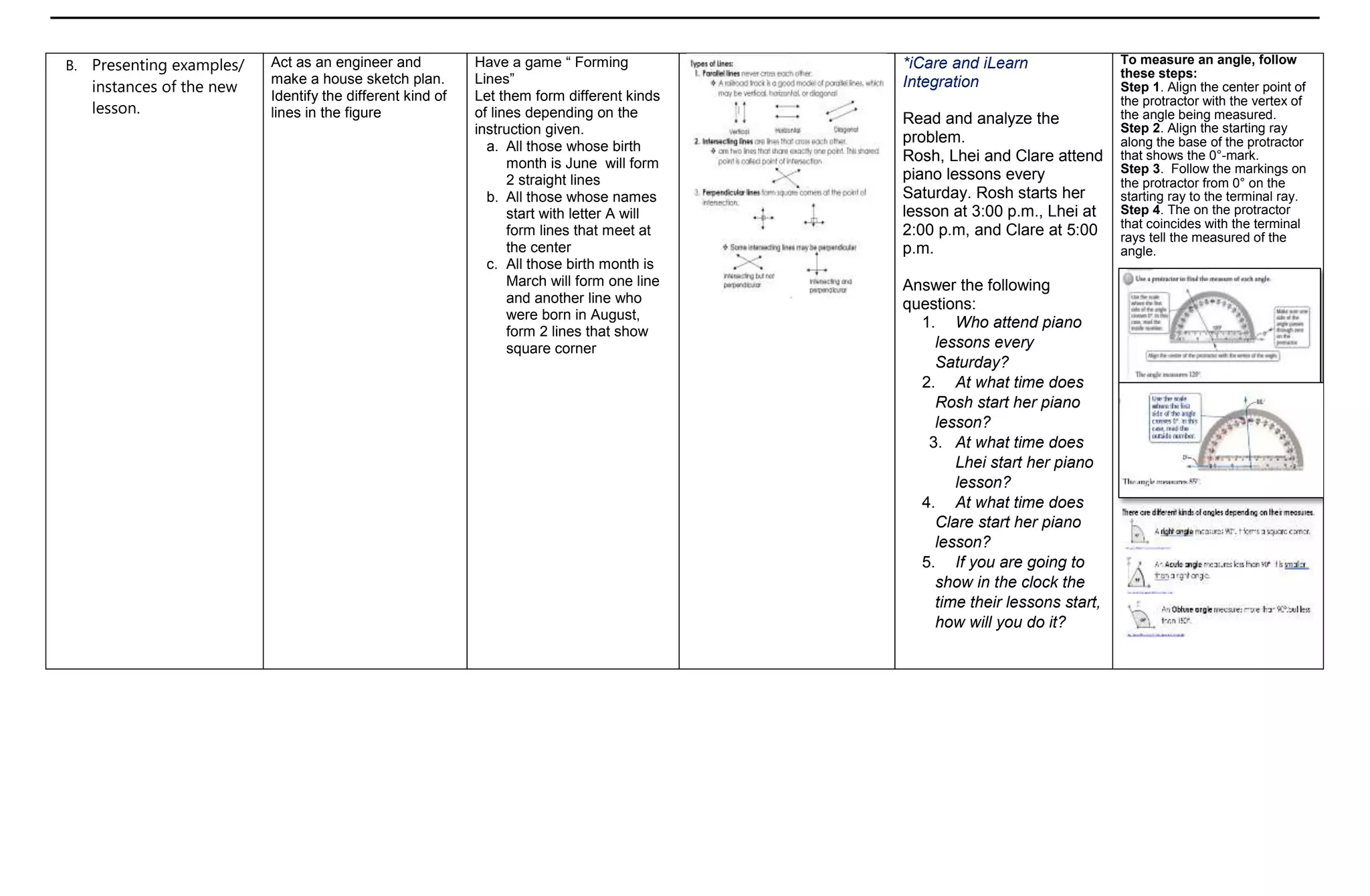 B. Presenting examples/
instances of the new
lesson.
Act as an engineer and
make a house sketch plan.
Identify the different kind of
lines in the figure
Have a game “ Forming
Lines”
Let them form different kinds
of lines depending on the
instruction given.
a. All those whose birth
month is June will form
2 straight lines
b. All those whose names
start with letter A will
form lines that meet at
the center
c. All those birth month is
March will form one line
and another line who
were born in August,
form 2 lines that show
square corner
*iCare and iLearn
Integration
Read and analyze the
problem.
Rosh, Lhei and Clare attend
piano lessons every
Saturday. Rosh starts her
lesson at 3:00 p.m., Lhei at
2:00 p.m, and Clare at 5:00
p.m.
Answer the following
questions:
1. Who attend piano
lessons every
Saturday?
2. At what time does
Rosh start her piano
lesson?
3. At what time does
Lhei start her piano
lesson?
4. At what time does
Clare start her piano
lesson?
5. If you are going to
show in the clock the
time their lessons start,
how will you do it?
To measure an angle, follow
these steps:
Step 1. Align the center point of
the protractor with the vertex of
the angle being measured.
Step 2. Align the starting ray
along the base of the protractor
that shows the 0°-mark.
Step 3. Follow the markings on
the protractor from 0° on the
starting ray to the terminal ray.
Step 4. The on the protractor
that coincides with the terminal
rays tell the measured of the
angle.
 