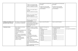 ___
3. What is the smallest6-digit
number havingdifferent digits?
Write itin symbol and in words
____________________________
___
4. What is the number before 1
567 678?
Write itin symbol and in words
____________________________
__
5.What is the number between
890 789 and 890 791?
Write itin symbol and in words
____________________________
__
Check for understandingand
providefeedback
many kilograms of calamansi were
harvested?
B. Apply Your Skills(seeLM)
Check for understandingand
providefeedback
many kilograms of calamansi were
harvested?
B. Apply Your Skills(seeLM)
Check for understandingand
providefeedback
H. Making generalizations and
abstractions about the lesson
Ask: How to visualizenumbers
from 100 001 to 10 000 000?
Guide the pupils to give the
generalization by asking,“How do
we read numbers up to 10 000
000?” “How do we write
numbers?”
How to round off numbers? How to round off numbers?
I. Evaluating learning Draw number discs to show
these numbers.
1.345 678
2.The farmers harvested a total
of 567 234 kilograms of
rambutan in one harvest
season.
3.There were 3 478 290 people
who joined the Save the Planet
Earth movement.
4.About 12 390 234 baby
clothes are produced by a
factory in 5 years.
Match the numbers in symbols
with the correspondingnumbers
in words.
1.35 567 000
2.9 781 560
3.456 890
4.3 000 000
5.34 789 089
a.Thirty – four million seven
hundred eighty-nine thousand
eighty- nine
b.Three million
c.Thirty- five million fivehundred
sixty-seven thousand
d.Nine million seven hundred
eighty- one thousand five hundred
sixty
e.Four hundred fifty-six thousand
eight hundred ninety
Round the followingto the
nearest:
A. Hundred thousands
1. 2 345 456 __________________
2. 4 234 567 __________________
3. 6 561 345 __________________
4. 5 987 456 __________________
5. 8 234 567 __________________
B. Millions
1. 9 123 451 __________________
2. 3 451 678 __________________
3. 7 987 567 __________________
4. 3 567 678 __________________
5. 7 789 123 __________________
Round the followingto the nearest:
A. Hundred thousands
1. 2 345 456 __________________
2. 4 234 567 __________________
3. 6 561 345 __________________
4. 5 987 456 __________________
5. 8 234 567 __________________
B. Millions
1. 9 123 451 __________________
2. 3 451 678 __________________
3. 7 987 567 __________________
4. 3 567 678 __________________
5. 7 789 123 __________________
Actual Test
Checking/Providingfeedback.
 