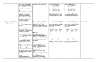 can be in one group and each
group has to have more than
one student. In how many ways
can she form these groups?
Ask:
What is asked in the problem?
What arethe given facts?
What word cluewould you
help to solvethe problem?
What way/s are you going to
use to answer the problem?
Ask a pupil to show his / her
solution on the board.
sentences written on the strips Evaluate the expressions:
a. 12 – 3 + 18 ÷ 6 × 3
b. 7 × 9 – 3 + 8
c. 18 – 12 ÷ 6 + 7
d. 9 × 9 ÷ 3 – 9 + 6
e. 16 ÷ 4 × 5 – 7 + 8
Ask: Whatare the given data?
What operations must be done
first? second? next? last? Why?
Evaluate the expressions:
a. 12 – 3 + 18 ÷ 6 × 3
b. 7 × 9 – 3 + 8
c. 18 – 12 ÷ 6 + 7
d. 9 × 9 ÷ 3 – 9 + 6
e. 16 ÷ 4 × 5 – 7 + 8
Ask: Whatare the given data?
What operations must be done
first? second? next? last? Why?
D. Discussing new concepts and
practicing new skills #1
2. Performing the
Activities
A. Find the factors of 24.
24= 8X3=
B. Get the numbers
(once) on the given factors.
Then find the multiples of each
number till you reach 24.
• Multiples of 2 = 2, 4,
8, 10, 12, 14, 16, 18,20, 22, 24
• Multiples of 3 = 3, 6,
9, 12, 15, 18, 21, 24
C. Identify the number
that can divide24 equally.
Answer: There are6 ways to
form a group.
Ask: Whatdo you think are the
ways/steps we used in getting
the answer?
Say: Let us have another
problem
Solve the problems using
factors,multiples or divisibility
2. Performing the Activities
Ask: Can you arrangethe
sentences to form a word
problem? Can you do itby pairs?
Give ample time for the pupils to
work on the activity.
Solution:
Ronald paid P155.00 each T-
shirtsfor his indigent students for
the to use as a uniform and the
total payment of T-shirtshe bought
is P1, 240.00.How many T-shirts
did he buy?
Ask:
Do you all agreethat this is the
correct arrangement? Why?
Is there any arrangement? Can
you show the other
arrangements?
Does your work make sense?
Say:
Now let us solvethe problem. Do
it with your partners
Let the pupils work on the
problem and ask someone to
show their solution on the board.
2. Performing the Activities
Encourage the
pupils to work in pairs.Haveeach
pair of pupils evaluatethe
expressions.
Solutions:
Lead the pair of pupils to process
how to get the answer.
2. Performing the Activities
Encourage the
pupils to work in pairs.Haveeach
pair of pupils evaluatethe
expressions.
Solutions:
Lead the pair of pupils to process
how to get the answer.
GivingDirections
 