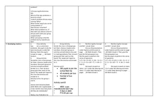 problem?
3.Processingthe Activities
Ask:
Which of the two problems is
easier to solve?
In which problem did you enjoy
solving? Why?
What arethe way/s you use to
solveproblem 1?
How did you solvethat?
What about problem no. 2?
How were you able to solveit?
Did you work with your group
cooperatively?
When your group solvethe
problem easily,howdid you
feel?
F. Developing mastery a. Class Activity
Say: Let us solvemore
problems. Ask pupils to do the
exercises by pairs under Get
Moving. Check the pupils’
answer on page ___ LM Math
Grade 4.
b. Group Activity
Dividethe class in four groups.
Let them choosea leader and a
secretary. Give each group an
activity card with problem
written on it. Then let each
group post their work on the
board.The leader will reportto
the class thesolution and
answer to it.
Activity card A ( for group 1
and 3)
Joanna ate 6 bananas/week,
while Maria ate 5 apples/week.
In two months how many fruits
did they ate individually?
Markus has P100.00 in his
a. Group Activity
Divide the class in threegroups.
Let them choosea leader and a
secretary. Give each group an
activity card with data to be used
in creatingproblems.Then let each
group post their work on the
board.The leader will reportto
the class thesolution and answer
to it.
Activity card A
 280 pupils to join the
school field trip
 40 students per bus
 Number of bus
needed
Activity card B
• 4800. cups
manufactured each day
• 5 days a week
• P15.00 per cup
4. Reinforcingthe Concept
and Skill notyet done
Discuss thepresentation
under Explore and Discover on
page , LM Math Grade 5. Then,
give the following exercises.
Ask the pupils to perform the
series of operation.
1.(7 × 9) + (3 ×21) 2. (18 – 5) + 6 +
2 3. ( 3 + 5) × (42 ÷ 7) 4. 36÷ 2 +
4×(4-2)
Ask pupils to work on
items 1 to 5 under Get Moving and
items 1-5 under Keep Moving on
pages , LM Math Grade 5.
4. Reinforcingthe Concept
and Skill notyet done
Discuss thepresentation
under Explore and Discover on page
, LM Math Grade 5. Then, give the
followingexercises.
Ask the pupils to perform the series
of operation.
1.(7 × 9) + (3 ×21) 2. (18 – 5) + 6 + 2
3. ( 3 + 5) × (42 ÷ 7) 4. 36÷ 2 + 4×(4-
2)
Ask pupils to work on items
1 to 5 under Get Moving and items
1-5 under Keep Moving on pages ,
LM Math Grade 5.
 