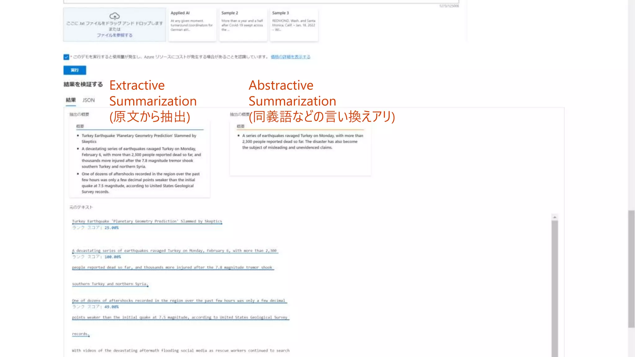 Abstractive
Summarization
(同義語などの言い換えアリ)
Extractive
Summarization
(原文から抽出)
 