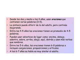 • Desde los dos y medio a los 4 años, usan oracionesoraciones que
contienen varias palabras (3-5).
• La sintaxis puede diferir de la del adulto, pero continúa
mejorando.
• Entre los 4-5 años las oraciones tienen un promedio de 4-5
palabras.
• Pueden usar adverbios de lugar como: encima, debajo,
adentro, sobre, arriba, abajo, aquí, detrás y usan más verbos
que nombres.
• Entre los 5-6 años, las oraciones tienen 6-8 palabras e
incluyen conjunciones, preposiciones y artículos.
• A los 6-7 años su habla es muy similar al adulto.
 