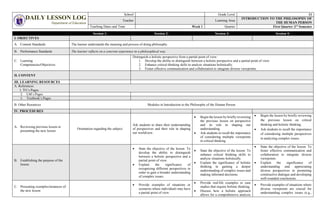 DAILY LESSON LOG
Department of Education
School Grade Level 11
Teacher Learning Area
INTRODUCTION TO THE PHILOSOPHY OF
THE HUMAN PERSON
Teaching Dates and Time Week 1 Quarter First Quarter |1st
Semester
Session 1: Session 2: Session 3: Session 4:
I. OBJECTIVES
A. Content Standards The learner understands the meaning and process of doing philosophy.
B. Performance Standards The learner reflects on a concrete experience in a philosophical way.
C. Learning
Competencies/Objectives
Distinguish a holistic perspective from a partial point of view:
1. Develop the ability to distinguish between a holistic perspective and a partial point of view.
2. Enhance critical thinking skills to analyze situations holistically.
3. Foster effective communication and collaboration to integrate diverse viewpoints.
II. CONTENT
III. LEARNING RESOURCES
A. References
1. TG’s Pages
2. LM’s Pages
3. Textbook’s Pages
B. Other Resources Modules in Introduction to the Philosophy of the Human Person
IV. PROCEDURES
A. Reviewing previous lesson or
presenting the new lesson
Orientation regarding the subject.
Ask students to share their understanding
of perspectives and their role in shaping
our worldview.
 Begin the lesson by briefly reviewing
the previous lesson on perspective
and its role in shaping our
understanding.
 Ask students to recall the importance
of considering multiple viewpoints
in critical thinking.
 Begin the lesson by briefly reviewing
the previous lesson on critical
thinking and holistic thinking.
 Ask students to recall the importance
of considering multiple perspectives
in analyzing complex issues.
B. Establishing the purpose of the
lesson
 State the objective of the lesson: To
develop the ability to distinguish
between a holistic perspective and a
partial point of view.
 Explain the significance of
recognizing different perspectives in
order to gain a broader understanding
of complex issues.
 State the objective of the lesson: To
enhance critical thinking skills to
analyze situations holistically.
 Explain the significance of holistic
thinking in gaining a deeper
understanding of complex issues and
making informed decisions.
 State the objective of the lesson: To
foster effective communication and
collaboration to integrate diverse
viewpoints.
 Explain the significance of
understanding and appreciating
diverse perspectives in promoting
constructive dialogue and developing
well-rounded conclusions.
C. Presenting examples/instances of
the new lesson
 Provide examples of situations or
scenarios where individuals may have
a partial point of view.
 Provide real-life examples or case
studies that require holistic thinking.
 Discuss how a holistic approach
allows for a comprehensive analysis
 Provide examples of situations where
diverse viewpoints are crucial for
understanding complex issues (e.g.,
 
