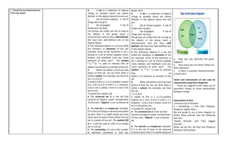 C. Presenting examples/instances
of the new lesson
● A set is a collection of objects
,things or symbols which are clearly
defined .In the objects above the sets are;
1. Set of school supplies 3. Set of
things worn by girls
2. Set of gadgets 4. Set of
things worn by boys
The groups are called sets for as long as
the objects in the group share a
characteristics and are thus, well defined.
We have four well-defined sets in the
objects above.
●.The individual objects in a set are called
the members or elements of the set.
Example: three of the elements in set 1
belong to a set of school supplies (ruler,
ballpen, and notebook ).Can you name
elements of other sets? The symbol
is used to indicate that an
object is an element or member of the set.
● When we define a set,if we take
pieces of that set, we can form what is
called a subset. For example, we have the
set { 1,2,3,4,5}.
A subset of this is { 1,2,3,},another subsets
are { 3,4}, {2,3,5} or even { 1 }. However,
{1,6} is not a subset, since 6 is not in the
parent set.
A symbol for subset is ⊆
● The universal set U is the set that
contains all objects under consideration
.At the start, “objects” is our universal set
.
● The null set is an empty set. Example:
If H is the set of boys in an exclusive school
for girls, then H is called empty set since
there were no boys in that school.The null
set is a subset of any set. The symbol
or { } will be used to refer to an empty
set or null set.
● The cardinality of a set is the number
of elements contained in that set.
Recall: SETS
● A set is a collection of objects
,things or symbols which are clearly
defined .In the objects above the sets
are;
1. Set of school supplies 3. Set of
things worn by girls
2. Set of gadgets 4. Set of
things worn by boys
The groups are called sets for as long as
the objects in the group share a
characteristics and are thus, well
defined. We have four well-defined sets
in the objects above.
●.The individual objects in a set are
called the members or elements of the
set. Example: three of the elements in
set 1 belong to a set of school supplies
(ruler, ballpen, and notebook ).Can you
name elements of other sets? The
symbol is used to indicate
that an
object is an element or member of the
set.
● When we define a set,if we take
pieces of that set, we can form what is
called a subset. For example, we have
the set
{ 1,2,3,4,5}.
A subset of this is { 1,2,3,},another
subsets are { 3,4}, {2,3,5} or even { 1 }.
However, {1,6} is not a subset, since 6 is
not in the parent set.
A symbol for subset is ⊆
● The universal set U is the set that
contains all objects under consideration
.At the start, “objects” is our universal
set
.
● The null set is an empty set. Example:
If H is the set of boys in an exclusive
school for girls, then H is called empty set
a. How will you describe the given
diagram?
b. How many sets are there? What are
their elements?
c. Is there a common element/animal
in both sets?
Union and Intersection of sets may be
represented using Venn Diagrams.
These are diagrams that make use of
geometric shapes to show relationships
between shapes
Intersection of Sets
.Universal set of Animals:
E = Everything = { Fish, Eels, Platypus,
Penguins, Eagles, Bats }
We are going to use a Venn diagram to
divide these animals into the following
two sets:
“Water Animals” and “Two Legged
Animals” .
When we do this, we find that Penguins
belong in both groups:
 