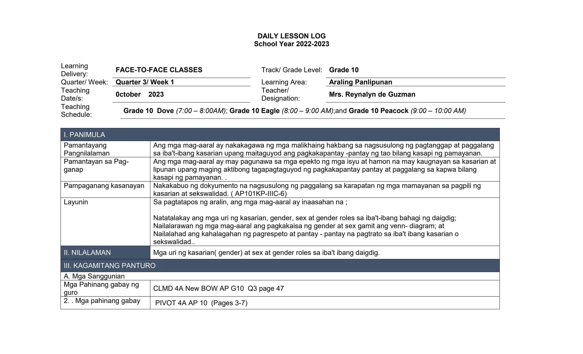 daily lesson log for social studies subject | PPT