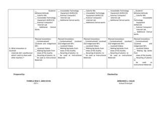 __ Students’
behavior/attitude
__ Colorful IMs
__ Unavailable Technology
Equipment (AVR/LCD)
__ Science/ Computer/
Internet Lab
__ Additional Clerical
works
__ Unavailable Technology
Equipment (AVR/LCD)
__ Science/ Computer/
Internet Lab
__ Additional Clerical works
__ Colorful IMs
__ Unavailable Technology
Equipment (AVR/LCD)
__ Science/ Computer/
Internet Lab
__ Additional Clerical works
__ Unavailable Technology
Equipment (AVR/LCD)
__ Science/ Computer/
Internet Lab
__ Additional Clerical works
__Students’
behavior/attitude
__ Colorful IMs
__ Unavailable
Technology
Equipment
(AVR/LCD)
__ Science/ Computer/
Internet Lab
__ Additional Clerical
works
G. What innovation or
localized
materials did I use/discover
which I wish to share with
other teachers ?
Planned Innovations:
__Contextualized/
Localized and Indigenized
IM’s
__ Localized Videos
__ Making big books from
views of the locality
__ Recycling of plastics to
be used as Instructional
Materials
Planned Innovations:
__Contextualized/ Localized
and Indigenized IM’s
__ Localized Videos
__ Making big books from
views of the locality
__ Recycling of plastics to
be used as Instructional
Materials
Planned Innovations:
__Contextualized/ Localized
and Indigenized IM’s
__ Localized Videos
__ Making big books from
views of the locality
__ Recycling of plastics to
be used as Instructional
Materials
Planned Innovations:
__Contextualized/ Localized
and Indigenized IM’s
__ Localized Videos
__ Making big books from
views of the locality
__ Recycling of plastics to
be used as Instructional
Materials
Planned Innovations:
__Contextualized/
Localized and
Indigenized IM’s
__ Localized Videos
__ Making big books
from
views of the locality
__ Recycling of plastics
to
be used as
Instructional Materials
Prepared by: Checked by:
PAMELA MAE C. ABUCAYAN ARMANDO L. CAGAS
SST-I School Principal
 