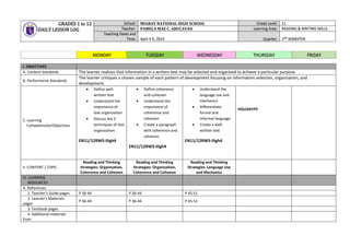 GRADES 1 to 12
DAILY LESSON LOG
School: MIARAY NATIONAL HIGH SCHOOL Grade Level: 11
Teacher: PAMELA MAE C. ABUCAYAN Learning Area: READING & WRITING SKILLS
Teaching Dates and
Time: April 3-5, 2023 Quarter: 2ND
SEMESTER
MONDAY TUESDAY WEDNESDAY THURSDAY FRIDAY
I. OBJECTIVES
A. Content Standards The learner realizes that information in a written text may be selected and organized to achieve a particular purpose.
B. Performance Standards
The learner critiques a chosen sample of each pattern of development focusing on information selection, organization, and
development.
C. Learning
Competencies/Objectives
 Define well-
written text
 Understand the
importance of
text organization
 Discuss the 3
techniques of text
organization
EN11/12RWS-IIIgh4
 Define coherence
and cohesion
 Understand the
importance of
coherence and
cohesion
 Create a paragraph
with coherence and
cohesion
EN11/12RWS-IIIgh4
 Understand the
language use and
mechanics
 Differentiate
formal and
informal language
 Create a well-
written text
EN11/12RWS-IIIgh4
HOLIDAYPP
II. CONTENT / TOPIC
Reading and Thinking
Strategies: Organization,
Coherence and Cohesion
Reading and Thinking
Strategies: Organization,
Coherence and Cohesion
Reading and Thinking
Strategies: Language Use
and Mechanics
III. LEARNING
RESOURCES
A. References
1. Teacher’s Guide pages P 36-44 P 36-44 P 45-51
2. Learner’s Materials
pages
P 36-44 P 36-44 P 45-51
3. Textbook pages
4. Additional materials
from
 