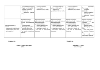 __ Unavailable Technology
Equipment (AVR/LCD)
__ Science/ Computer/
Internet Lab
__ Additional Clerical
works
__ Science/ Computer/
Internet Lab
__ Additional Clerical works
Equipment (AVR/LCD)
__ Science/ Computer/
Internet Lab
__ Additional Clerical works
__ Science/ Computer/
Internet Lab
__ Additional Clerical works
__ Unavailable
Technology
Equipment
(AVR/LCD)
__ Science/ Computer/
Internet Lab
__ Additional Clerical
works
G. What innovation or
localized
materials did I use/discover
which I wish to share with
other teachers ?
Planned Innovations:
__Contextualized/
Localized and Indigenized
IM’s
__ Localized Videos
__ Making big books from
views of the locality
__ Recycling of plastics to
be used as Instructional
Materials
Planned Innovations:
__Contextualized/ Localized
and Indigenized IM’s
__ Localized Videos
__ Making big books from
views of the locality
__ Recycling of plastics to
be used as Instructional
Materials
Planned Innovations:
__Contextualized/ Localized
and Indigenized IM’s
__ Localized Videos
__ Making big books from
views of the locality
__ Recycling of plastics to
be used as Instructional
Materials
Planned Innovations:
__Contextualized/ Localized
and Indigenized IM’s
__ Localized Videos
__ Making big books from
views of the locality
__ Recycling of plastics to
be used as Instructional
Materials
Planned Innovations:
__Contextualized/
Localized and
Indigenized IM’s
__ Localized Videos
__ Making big books
from
views of the locality
__ Recycling of plastics
to
be used as
Instructional Materials
Prepared by: Checked by:
PAMELA MAE C. ABUCAYAN ARMANDO L. CAGAS
SST-I School Principal
 