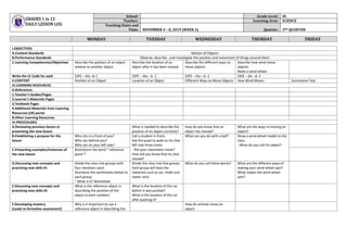 GRADES 1 to 12
DAILY LESSON LOG
School: Grade Level: III
Teacher: Learning Area: SCIENCE
Teaching Dates and
Time: NOVEMBER 4 – 8, 2019 (WEEK 2) Quarter: 3RD QUARTER
MONDAY TUESDAY WEDNESDAY THURDAY FRIDAY
I.OBJECTIVES
A.Content Standards Motion of Objects
B.Performance Standards Observe, describe , and investigate the position and movement of things around them
C.Learning Competencies/Objectives Describe the position of an object
relative to another object.
Describe the location of an
object after it has been moved.
Describe the different ways to
move objects.
Describe how wind move
objects.
Make a wind wheel.
Write the LC Code for each S3FE – IIIa –b-1 S3FE – IIIa – b -1 S3FE – IIIa – b -1 S3FE – IIIc –d- 2
II.CONTENT Position of an Object Location of an Object Different Ways to Move Objects How Wind Moves Summative Test
III.LEARNING RESOURCES
A.References
1.Teacher’s Guides/Pages
2.Learner’s Materials Pages
3.Textbook Pages
4.Additional Materials from Learning
Resources (LR) portal
B.Other Learning Resources
IV.PROCEDURES
A.Reviewing previous lesson or
presenting the new lesson
What is needed to describe the
position of an object correctly?
How do you know that an
object has moved?
What are the ways in moving an
object?
B.Establishing a purpose for the
lesson
Who sits in a front of you?
Who sits behind you?
Who sits on your left side?
Call a student in front.
Ask the pupil to walk on his /her
left side three times.
- Did your classmates move?
How did you know that he /she
moved?
What can you do with a ball? Show a wind wheel model to the
class.
- What do you call thi object?
C.Presenting examples/instances of
the new lesson
Brainstorm the word “ reference
point”?
D.Discussing new concepts and
practicing new skills #1
Divide the class into groups with
four members each.
Distribute the worksheets below to
each group.
“ What is it? Worksheet
Divide the class into five groups.
Each group will have the
materials such as car, chalk and
meter stick.
What do you call these words? What are the different ways of
making your wind wheel spin?
What makes the wind wheel
spin?
E.Discussing new concepts and
practicing new skills #2
What is the reference object in
describing the position of the
object in each number/
What is the location of the car
before it was pushed?
What is the location of the car
after pushing it?
F.Developing mastery
(Leads to formative assessment)
Why is it important to use a
reference object in describing the
How do animals move an
object.
 