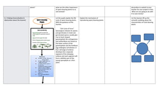 plants? what are the other importance
of spore-bearing plants to us
and animals?
decoration to submit to your
teacher for your project in Arts.
What are you going to do with
it to save money?
H. ( Making Generalization &
Abstraction about the lessons)
Let the pupils explain the life
cycle of spore-bearing plants.
With the guidance of the
teacher.
“Life Cycle of Ferns”
Sporangium releases its spores
and germinates in moist soil,
germinated spores usually give
rise to heart shaped
gametophyte the archegonium
and antheridium are found on
the lower surface of the
gametophyte and the fertilized
egg undergoes cell division. A
four-cell stage of embryo
develops into a separate
segment of the enlarging
embryo and each segment will
form a definite part of the
young sporophyte or a fern
plant.
Explain the mechanism of
reproducing spore-bearing plants
Let the learners fill up the
semantic webbing about the
characteristics of Cone-bearing
plants
Spore-bearing
Plants
 