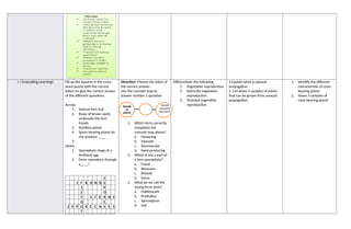 I. ( Evaluating Learning) Fill up the squares in the cross-
word puzzle with the correct
letters to give the correct answer
of the different questions.
Across:
1. Mature fern leaf
2. Rows of brown spots
underside the fern
fronds
3. Seedless plants
4. Spore-bearing plants do
not produce ____
5.
Down:
1. Sporophyte stage of a
fertilized egg
2. Ferns reproduce through
a____?
2
1 F R O N D S
1 P
Z O
Y 3 F E R N S
G E
2 S P O R E C A S E S
T
Direction: Choose the letter of
the correct answer.
Use the concept map to
answer number 1 question
1. Which term correctly
completes the
concept map above?
a. Flowering
b. Vascular
c. Nonvascular
d. Seed-producing
2. Which is not a part of
a fern sporophyte?
a. Frond
b. Rhizomes
c. Rhizoid
d. Surus
3. What do we call the
young ferns stem?
a. Fiddleheads
b. Prothallus
c. Sporangium
d. Sori
Differentiate the following
1. Vegetative reproduction
2. Naturally vegetative
reproduction
3. Directed vegetative
reproduction
1.Explain what is asexual
propagation
2. List down 5 samples of plants
that can be grown from asexual
propagation.
1. Identify the different
characteristic of cone-
bearing plants
2. Name 5 samples of
cone-bearing plants
Seedle
ss
plants
Mosses
Liverworts
Hornworts
 