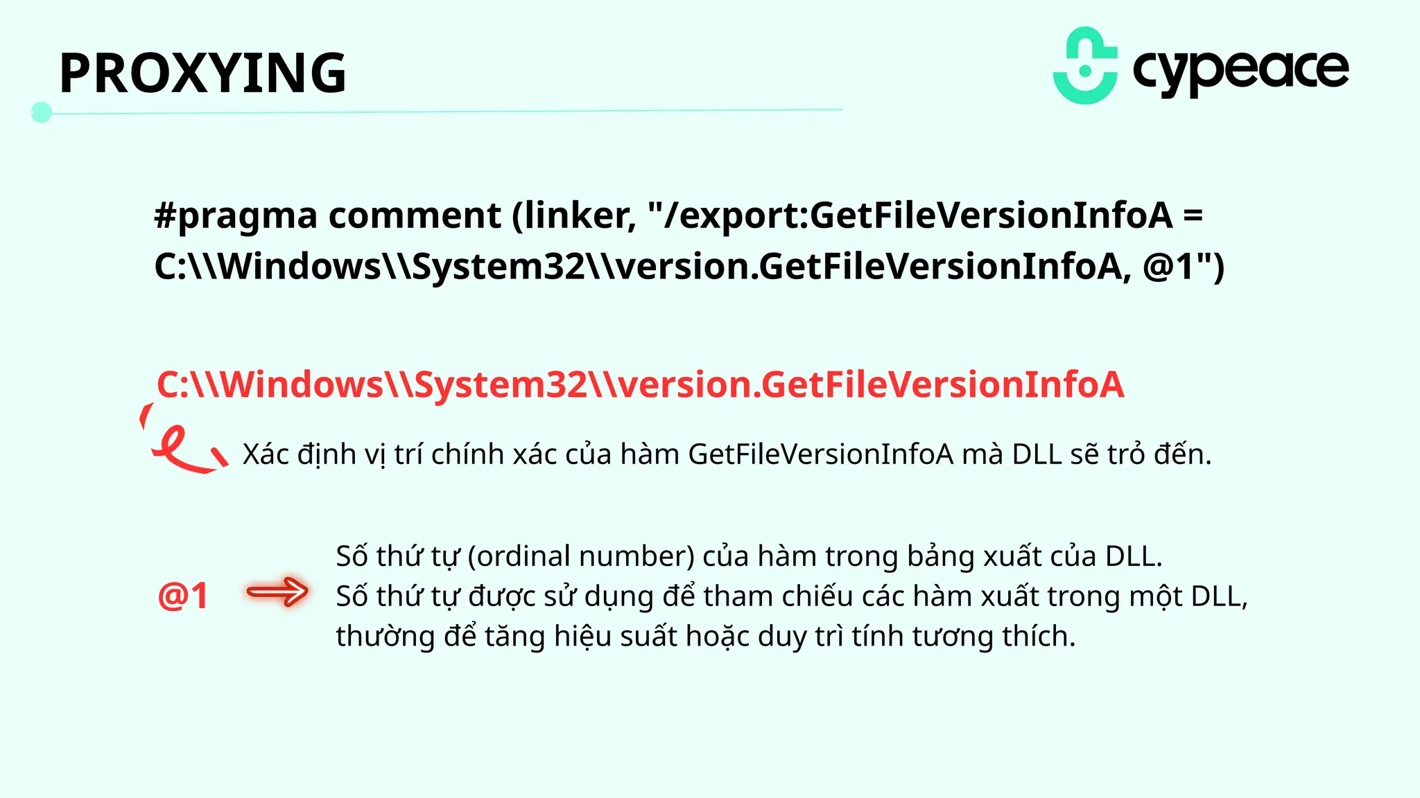 Xác định vị trí chính xác của hàm GetFileVersionInfoA mà DLL sẽ trỏ đến.
C:WindowsSystem32version.GetFileVersionInfoA
@1
#pragma comment (linker, "/export:GetFileVersionInfoA =
C:WindowsSystem32version.GetFileVersionInfoA, @1")
Số thứ tự (ordinal number) của hàm trong bảng xuất của DLL.
Số thứ tự được sử dụng để tham chiếu các hàm xuất trong một DLL,
thường để tăng hiệu suất hoặc duy trì tính tương thích.
PROXYING
 