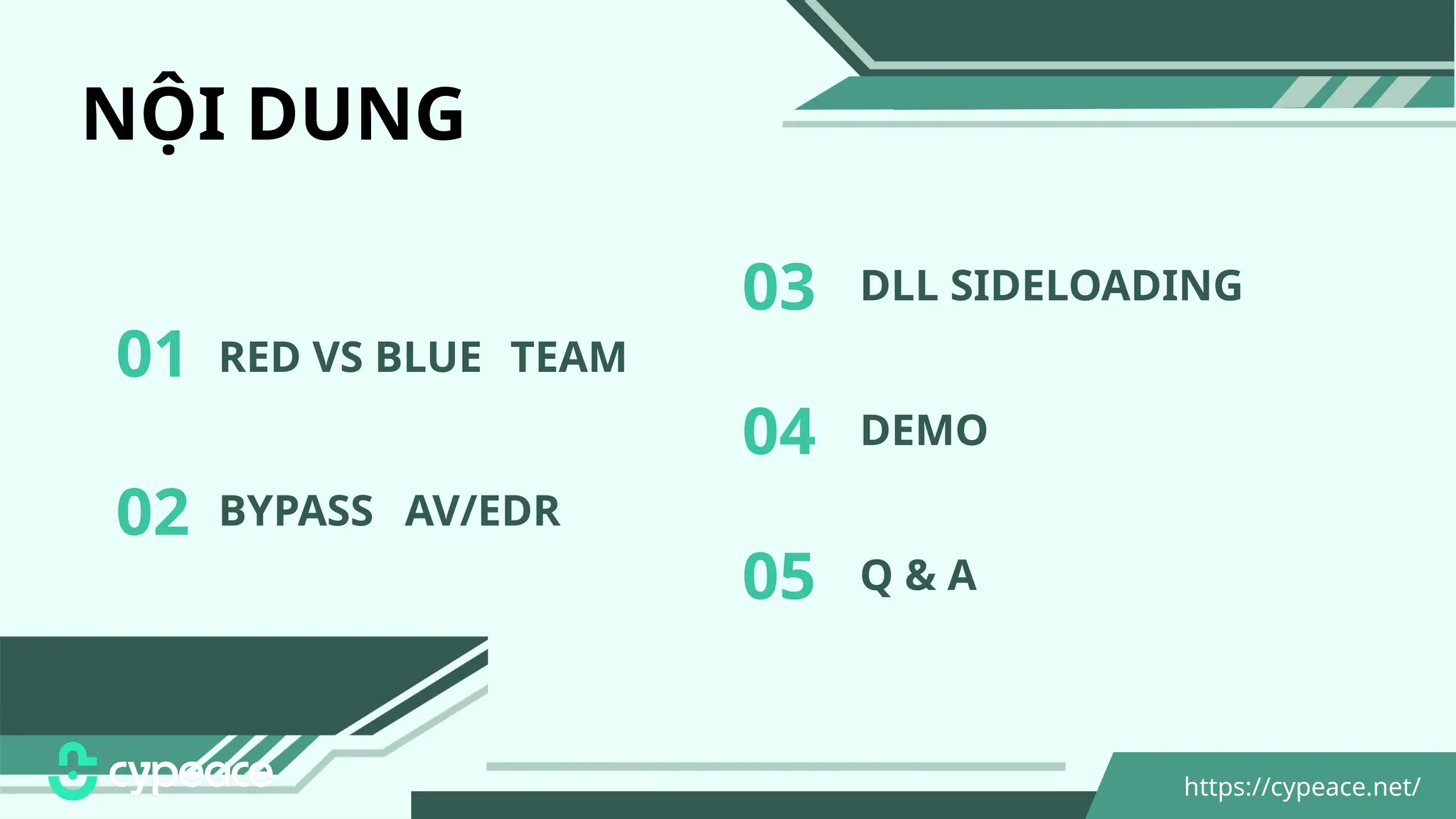 NỘI DUNG
01
03
02
04 DEMO
05 Q & A
https://cypeace.net/
RED VS BLUE TEAM
BYPASS AV/EDR
DLL SIDELOADING
 