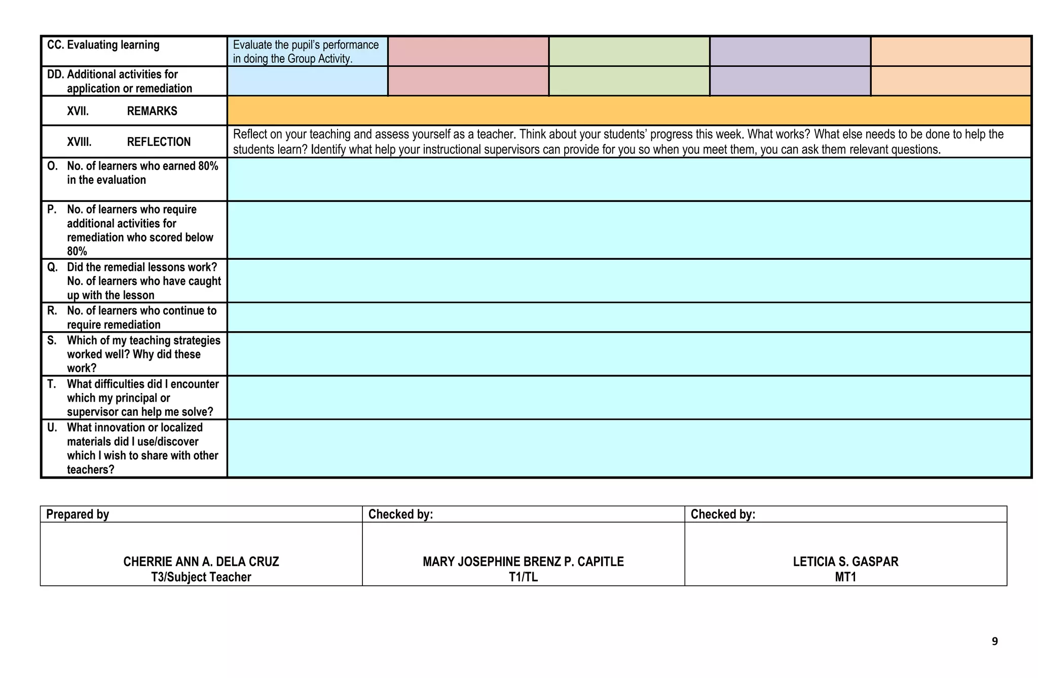 9
CC. Evaluating learning Evaluate the pupil’s performance
in doing the Group Activity.
DD. Additional activities for
application or remediation
XVII. REMARKS
XVIII. REFLECTION
Reflect on your teaching and assess yourself as a teacher. Think about your students’ progress this week. What works? What else needs to be done to help the
students learn? Identify what help your instructional supervisors can provide for you so when you meet them, you can ask them relevant questions.
O. No. of learners who earned 80%
in the evaluation
P. No. of learners who require
additional activities for
remediation who scored below
80%
Q. Did the remedial lessons work?
No. of learners who have caught
up with the lesson
R. No. of learners who continue to
require remediation
S. Which of my teaching strategies
worked well? Why did these
work?
T. What difficulties did I encounter
which my principal or
supervisor can help me solve?
U. What innovation or localized
materials did I use/discover
which I wish to share with other
teachers?
Prepared by Checked by: Checked by:
CHERRIE ANN A. DELA CRUZ
T3/Subject Teacher
MARY JOSEPHINE BRENZ P. CAPITLE
T1/TL
LETICIA S. GASPAR
MT1
 