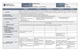 GRADES 1 to 12
DAILY LESSON LOG
School: DepEdClub.com Grade Level: VI
Teacher: Learning Area: TLE-HE
Teaching Dates and
Time: OCTOBER 10 – 14, 2022 (WEEK 8) Quarter: 1ST QUARTER
MONDAY TUESDAY WEDNESDAY THURSDAY FRIDAY
I. OBJECTIVES
Objectives must be met over the week and connected to the curriculum standards. To meet the objectives,necessary procedures must be followed and if needed,
additional lessons,exercises and remedial activities may be done for developing content knowledge and competencies. These are assessed using Formative
Assessment strategies. Valuing objectives support the learning of content and competencies and enable children to find significance and joy in learning the
lessons.Weekly objectives shall be derived from the curriculum guides.
A. Content Standards Demonstrates an understandiing of and skills in the basics of food preservation
B. Performance Standards Preserves food/s using appropriate tools and materials and applying the basics of food preservation
C. Learning Competencies / Objectives
Write the LC code for each
TLE6HE-Oh-12
3.3 preserves food applying principles
and skills in food
preservation/processing
3.3.1. selects food to be preserved/processed based on
availability of raw materials, market demands, and
trends in the community
3.3.2 observes safety rules in food
preservation/processing
II. CONTENT
Content is what the lesson is all about. It pertains to the subject matter that the teacher aims to teach. In the CG, the content can be tackled in a week or two.
Food Preservation
III. LEARNING RESOURCES
List the materials to be used in different days. Varied sources of materials sustain children’s interest in the lesson and in learning.Ensure that there is a mix of
concrete and manipulative materials as well as paper-based materials. Hands-onl earning promotes concept development.
A. References
1.Teacher’s Guide pages
2.Learner’s Materials pages
3.Textbook pages
4.Additional Materials from Learning
Resource (LR)portal
MISOSA-VI Pagimbak at Preserbatiba
(not accessible)
B. Other Learning Resources
Preservation of Fruits and
Vegetables (1977)
Bureau of Plant Industry
IV. PROCEDURES
A. Reviewing previous lesson or
presenting the new lesson
Recap of previous lesson.
Last week, the class prepared for the
presentation of processed/preserved
products. Today, the class will present
by group.
As mentioned, the presentation will
contain the following:
 Recipe of the preserved/processed
food
Recap of what happened the
previous day.
Mention the names of the
group who completed their
presentation.
The presentation of the rest
of the groups willl continue
(Groups 5-8).
Recap of the previous lesson.
The teacher again
congratulates the class for a
job well done. The teacher
underscores the importance
of food preservation.
Recap of the previous lesson.
The teacher mentions that
yesterday, they discussed the
several factors that need to
be considered in the
selection of food items to be
processed:
 Raw materials
Recap of the previous
lesson.
The teacher mentions that
yesterday the class
discussed the practices to
ensure sanitation and
safety of
processed/preserved
foods.
 