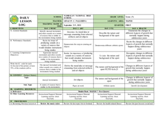 DAILY
LESSON
LOG
SCHOOL:
NAMBALAN NATIONAL HIGH
SCHOOL
GRADE LEVEL: Seven (7)
TEACHER: GINALYN C. PALLORINA LEARNING AREA: MAPEH
TEACHING DATES &
TIME:
September 5-9 , 2022 QUARTER: FIRST
I. OBJECTIVES DAY 1 MUSIC DAY 2 ART DAY 3 P.E. DAY 4 HEALTH
A. .Content Standards Identify musical instrument
and other sounds on a variety
of sources that is similar to
the instruments being studied.
Determine the mood idea or
message emanating from selected
artifacts and art objects
Describe the nature and
background of the sport
Enumerate the changes in
different Aspects of growth that
normally happen during
adolescence years
B. Performance Standards: Recite the ways of
producing sounds on a
variety of sources that
would simulate instruments
being studies
Demonstrate the step on creating art
objects
Demonstrate different athletic sports
Recite the changes in different
Aspects of growth that normally
happen during adolescence
years
C. Learning Competencies/
Objectives:
Appreciate musical
instrument and other sounds
on a variety of sources that is
similar to the instruments
being studied.
Realize the importance of producing
sounds on a variety of sources
that would simulate instruments
being studies
To value the nature and
background of the sport
Recognize changes in different
Aspects of growth that normally
happen during adolescence
years
Write the LC code for each
At the end of the period, at least
75% of the students will to:
The musical instrument and
other sounds on a variety of
sources that is similar to the
instruments being studied.
Derive the mood idea or message
emanating from selected artifacts
and art objects
The nature and background of the
sport PE7PF-Ia-h-23
Changes in different Aspects of
growth that normally happen
during adolescence years
II. CONTENT (Subject Matter)
Topic:
musical instruments Art objects
The nature and background of the
sport
Changes in different Aspects of
growth that normally happen
during adolescence years
Sub. Topic A variety of sources that is
similar to the instruments
Paper art work Athletic sports Growth development
III. LEARNING RESOURCES
A. References Module/Book MAPEH-7 First Quarter
B. Other Learning Resources Instructional Support Material
Learning activity sheet
YouTube
Instructional Support Material
Learning activity sheet
YouTube
Instructional Support Material
Learning activity sheet
YouTube
Instructional Support Material
Learning activity sheet
YouTube
IV PROCEDURES
A. Reviewing Previous Lesson or Review the music styles Review the last topic Arts in lowland Review the health related fitness Review the past lessons social and
 