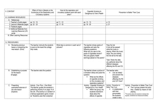 II. CONTENT
Effect of One’s Lifestyle on the
functioning of the Respiratory and
Circulatory Systems
How do the respiratory and
circulatory systems work with each
other?
Cigarette Smoking Is
Dangerous to One’s Health
Prevention Is Better Than Cure
III. LEARNING RESOURCES
A. References
1. Teacher’s Guide pages pp. 14 - 15 pp 11 - 12 pp. 12 - 13 p. 13
2. Learner’s Materials pages pp. 22 - 23 pp. 17 -18 pp. 19 - 20 p. 21
3. Textbook pages
4. Additional Materials from
Learning Resource (LR)
portal
B. Other Learning Resources
IV. PROCEDURES
A. Reviewing previous
lesson or presenting the
new lesson (Elicit)
The teacher instructs the students
to post on the board the collage
they made.
What idea is common in each set of
pictures?
The teacher shows packs of
cigarettes and asks the
following questions:
What can you see on the
packs of cigarettes shown?
Why are graphic health
warnings placed on the packs?
Pass the hat
A hat will be passed
while the music is
playing. When the music
stops, the one holding
the hat will do the task.
Task: Share the data
you gathered about the
different diseases
affecting the RS and CS.
B. Establishing a purpose
for the lesson
(Engage)
The teacher asks the question: The teacher shows a picture of
a Smoker’s Body and posts the
question:
 What are the effects
of cigarette smoking
on the circulatory and
respiratory systems?
The teacher asks:
 Can we detect
and prevent the
diseases
affecting the RS
and CS? How?
C. Presenting
examples/instances of
the new lesson
(Explore)
Activity - Four Pics – One Word.
The teacher guides the students in
performing Activity 9 on page 14 of
the LM. (The activity is a variation of
a famous application game, known
as “Students uses their analytical
Activity - Cigarette Smoking Is
Dangerous to Your Health
 Within the group, the
students brainstorm
ideas about the
effects of cigarette
Activity - Prevention Is
Better Than Cure
 In collaboration
with their
groupmates,
the students
create a story
Activity - Prevention Is Better Than Cure
 The 5 groups present the story
they created by means of role-
playing.
*The activity allows the students to develop their
linguistic, kinesthetic and interpersonal abilities.
 