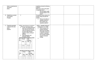 lesson or presenting the
new lesson
(Elicit)
cigarettes and asks the following
questions:
What can you see on the packs
of cigarettes shown?
Why are graphic health
warnings placed on the
packs?
B. Establishing a purpose
for the lesson
(Engage)
 The teacher shows a picture of a
Smoker’s Body and posts the
question:
 What are the effects of
cigarette smoking on
the circulatory and
respiratory systems?
C. Presenting examples/
instances of the new
lesson
(Explore)
Activity - Rest and Exercise Lab: Connecting the
Respiratory and Cardiovascular Systems
 In pairs, the students take their
heart rate and breathing rate
under the following conditions:
at rest and after exercise
(jogging in place, jumping or
walking)
 Data presentation and
discussion follows:
Respiration Rate (# of breaths per minute)
Na
me
At rest After
Exercise
Trial A
v
e
Trial Av
e
1 2 1 2
Heart Rate (# of heart beats per minute)
Nam
e
At rest After
Exercise
Trial Ave Trial Ave
1 2 1 2
Activity - Cigarette Smoking Is
Dangerous to Your Health
 Within the group, the
students brainstorm
ideas about the effects
of cigarette smoking on
a person’s respiratory
and circulatory systems
using the meta plan
strategy.

 