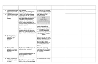 D. Discussing new concepts
and practicing new skills
#1(Explain)
Guide Questions:
1. What is your calculated respiration
rate at rest? heart rate at rest?
2. What is your respiration rate after
exercise? heart rate after exercise?
3. Differentiate your respiration rate and
heart rate at rest and after exercise.
4. How does exercise affect your
respiration rate and the heart rate?
5. What does this tell you about the
connection between the respiratory and
circulatory systems?
Strenuous activities may lead to an
increased respiration and heart rates. *
How can you protect yourself from the
dangers of cardio-respiratory diseases?
The group stick and organize all
the responses on the blackboard
to categorize which answer falls
under the respiratory and
circulatory systems.
Students present their data.
Discussion of the concept using
the ff. guide questions follows:
* What are the effects of
cigarette smoking on a person’s
respiratory system? circulatory
system?
E. Discussing new concepts
and practicing new skills
#2
(Explain)
F. Developing mastery
(leads to Formative
Assessment 3)
(Explain)
Students share their own stories
relevant to the topic to be able to
inspire the class to take action
upon knowing the negative
effects of cigarette smoking on
the respiratory and circulatory
systems.
G. Finding practical
applications of concepts
and skills in daily living
(Elaborate)
Why do we feel tired after exercise (in
relation to cellular respiration)?
Why do we have less energy when we
don’t eat (in relation to cellular
respiration)?
Many people say smoking
should be banned from all public
places. How do you feel about
this statement?
.
H. Making generalizations
and abstractions about
the lesson
Story Wheel. The teacher will ask the
students to give their summary of what
The teacher raises this question:
 