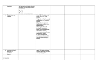 (Elaborate) they learned from the lesson. Spin the
story wheel. The story wheel contains
important terms
Note: The story was prepared before the lesson.
I. Evaluating learning
(Evaluate)
Write FACT if the statement is
correct and BLUFF if it is
incorrect.
1. Cigarette smoking harms only
the respiratory and circulatory
systems.
2.Cigarette smoking causes
many illnesses affecting one’s
health in general.
3.The negative effects of
smoking on the circulatory
system include increased heart
rate and blood pressure.
4. Arteriosclerosis is an illness of
the respiratory system.
5. Chronic bronchitis and
emphysma are diseases of the
respiratoy system caused by
smoking.
J. Additional activities for
application or
remediation
(Extend)
Gather information about other
diseases affecting the circulatory
and respiratory systems.
V. REMARKS
 