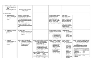 4. Additional Materials from
Learning Resource (LR)
portal
Other Learning Resources https://www.youtube.com/watch?
v=CWFyxn0qDEU
IV. PROCEDURES
A. Reviewing previous
lesson or presenting the
new lesson
(Elicit)
Thumbs Up, Thumbs Down!
If the statement is true, thumbs up.
If it is false, thumbs down.
1. The respiratory system provides
the body with oxygen and removes
carbon dioxide.
2. The circulatory system moves
materials throughout the body.
3. Blood travels in both directions in
veins.
The teacher shows packs of
cigarettes and asks the
following questions:
What can you see on the
packs of cigarettes shown?
Why are graphic health
warnings placed on the packs?
Pass the hat
A hat will be passed
while the music is
playing. When the music
stops, the one holding
the hat will do the task.
Task: Share the data
you gathered about the
different diseases
affecting the RS and CS.
B. Establishing a purpose
for the lesson
(Engage)
The teacher asks:
 How do the respiratory and
circulatory systems work
together.
The teacher shows a picture of
a Smoker’s Body and posts the
question:
 What are the effects
of cigarette smoking
on the circulatory and
respiratory systems?
The teacher asks:
 Can we detect
and prevent the
diseases
affecting the RS
and CS? How?
C. Presenting
examples/instances of
the new lesson
(Explore)
Activity - Just Go with the Flow!
 The students illustrate the
gas exchange activity with
their groupmates (8
members/group)
Activity - Rest and Exercise Lab: Connecting the
Respiratory and Cardiovascular Systems
 In pairs, the students take
their heart rate and
breathing rate under the
following conditions: at rest
and after exercise (jogging
in place, jumping or walking)
 Data presentation and
discussion follows:
Respiration Rate (# of breaths per minute)
Nam
e
At rest After
Exercise
Trial Ave Trial Ave
1 2 1 2
Activity - Cigarette Smoking Is
Dangerous to Your Health
 Within the group, the
students brainstorm
ideas about the
effects of cigarette
smoking on a
person’s respiratory
and circulatory
systems using the
meta plan strategy.
Activity - Prevention Is
Better Than Cure
 In collaboration
with their
groupmates,
the students
create a story
that illustrates
ways of
detecting and
preventing
diseases that
affect the
respiratory and
circulatory
Activity - Prevention Is Better Than Cure
 The 5 groups present the story
they created by means of role-
playing.
*The activity allows the students to develop their
linguistic, kinesthetic and interpersonal abilities.
Story-making and Role-playing Criteria
CRITERIA PERCENTAGE
Preparation 15 %
Achievement of
Objective
35 %
Imagination and
Creativity
30 %
 