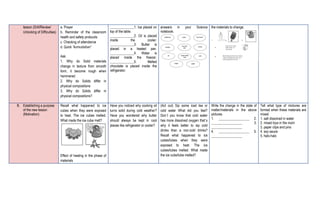 lesson (Drill/Review/
Unlocking of Difficulties)
a. Prayer
b. Reminder of the classroom
health and safety protocols
c. Checking of attendance
d. Quick “kumustahan”
Ask:
1. Why do Solid materials
change in texture from smooth
form, it become rough when
hammered
2. Why do Solids differ in
physical compositions
3. Why do Solids differ in
physical compositions?
______________1. Ice placed on
top of the table.
______________2. Oil is placed
inside the cooler.
______________3. Butter is
placed in a heated pan.
______________4. Water is
placed inside the freezer.
______________5. Melted
chocolate is placed inside the
refrigerator.
answers in your Science
notebook.
the materials to change.
B. Establishing a purpose
of the new lesson
(Motivation)
Recall what happened to ice
cubes when they were exposed
to heat. The ice cubes melted.
What made the ice cube melt?
Effect of heating in the phase of
materials
Have you noticed why cooking oil
turns solid during cold weather?
Have you wondered why butter
should always be kept in cool
places like refrigerator or cooler?
(Act out) Sip some iced tea or
cold water What did you feel?
Don`t you know that cold water
has more dissolved oxygen that`s
why it feels better to sip cold
drinks than a non-cold drinks?
Recall what happened to ice
cubes/tubes when they were
exposed to heat. The ice
cubes/tubes melted. What made
the ice cube/tube melted?
Write the change in the state of
matter/materials in the above
pictures.
1. __________________ 2.
__________________ 3.
__________________
4. __________________ 5.
__________________
Tell what type of mixtures are
formed when these materials are
mixed.
1. salt dissolved in water
2. mixed toys in the room
3. paper clips and pins
4. soy sauce
5. halo-halo
 