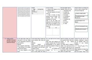 heated? sun for 5 minutes.
3. Observe what happens to the
chocolate bar after it
has been exposed to the heat
of the sun.
4. After 5 minutes of being
exposed to the sun, transfer the
chocolate bars inside the
refrigerator for 5 minutes.
Draw in the box below the
appearance of the chocolate bars
before they are exposed to the
sun and after they were exposed
to the sun.
and size after heat is
applied. Write (X) if not.
_____1. Monoblock Chair
_____2. Cooked rice
_____3. Electric stove
_____4. Hot water
_____5. Chocolate bar
_____6. Margarine
_____7. Powdered milk
_____8. Pencil
_____9. Ice cream
_____10. Table
VIOLET if there is no change and
BLACK if there a change in both
the size and shape.red
1. Candle to melted candle-
2. Chocolate bar to bent
chocolate bar-
3. Candle wrapper to torn
wrapper-
4. Tin can to hammered tin can-
5. Modelling clay to pressed-
G. Finding practical
application of concepts
and skills in daily living
(Application/Valuing)
Do the steps below. Write your
observation in the chart. Based
on your observations, answer the
guide questions.
Materials:
spoon, margarine, butter Steps:
1. Heat the spoon in a lit candle.
(Seek help from elders.)
2. Put some margarine in the
spoon.
Do the activity below. Answer the
guide questions after doing the
task.
Materials:
Mixed solution of
sugar/condensed milk, water and
bits of mango (or any fruit that is
available at home)
Steps: 1. Use a funnel to pour in
the ice candy plastic the mixed
Fill in the blank with the correct
answer.
When some solid materials are
heated, it absorbs heat. The heat
absorbed/added to the material
caused the material to change its
form from 1.________ to
2._________. The materials also
changed its 3._________,
4._________ and
Read the situation and answer
the questions briefly. Write your
answer in your Science
notebook.
Your father wants to prepare a
coffee. If you are the one who
will prepare it, what will you use
to dissolve coffee powder and
sugar faster? Will you use cold
water or hot water? Why?
Choose the right word for the
following statements. Answers
can be repeated. Write your
answers in your Science
notebook.
I learned that:
When materials are heated, they
change in 1. _______, shape,
form and texture. There is an
 