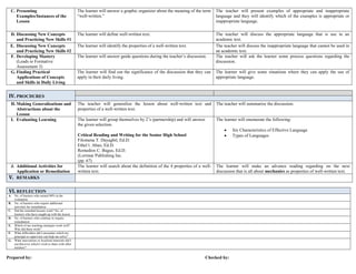 C. Presenting
Examples/Instances of the
Lesson
The learner will answer a graphic organizer about the meaning of the term
“well-written.”
The teacher will present examples of appropriate and inappropriate
language and they will identify which of the examples is appropriate or
inappropriate language.
D. Discussing New Concepts
and Practicing New Skills #1
The learner will define well-written text. The teacher will discuss the appropriate language that is use in an
academic text.
E. Discussing New Concepts
and Practicing New Skills #2
The learner will identify the properties of a well-written text. The teacher will discuss the inappropriate language that cannot be used in
an academic text.
F. Developing Mastery
(Leads to Formative
Assessment 3)
The learner will answer guide questions during the teacher’s discussion. The teacher will ask the learner some process questions regarding the
discussion.
G. Finding Practical
Applications of Concepts
and Skills in Daily Living
The learner will find out the significance of the discussion that they can
apply in their daily living.
The learner will give some situations where they can apply the use of
appropriate language.
IV. PROCDURES
H. Making Generalizations and
Abstractions about the
Lesson
The teacher will generalize the lesson about well-written text and
properties of a well-written text.
The teacher will summarize the discussion.
I. Evaluating Learning The learner will group themselves by 2’s (partnership) and will answer
the given selection.
Critical Reading and Writing for the Senior High School
Filomena T. Dayagbil, Ed.D.
Ethel l. Abao, Ed.D.
Remedios C. Bagus, Ed.D.
(Lorimar Publishing Inc.
(pp. 67)
The learner will enumerate the following:
 Six Characteristics of Effective Language
 Types of Languages
J. Additional Activities for
Application or Remediation
The learner will search about the definition of the 4 properties of a well-
written text.
The learner will make an advance reading regarding on the next
discussion that is all about mechanics as properties of well-written text.
V. REMARKS
VI. REFLECTION
A. No. of learners who earned 80% in the
evaluation
B. No. of learners who require additional
activities for remediation
C. Did the remedial lessons work? No. of
learners who have caught up with the lesson
D. No. of learners who continue to require
remediation
E. Which of my teaching strategies work well?
Why did these work?
F. What difficulties did I encounter which my
principal or supervisor can help me solve?
G. What innovations or localized materials did I
use/discover which I wish to share with other
teachers?
Prepared by: Checked by:
 