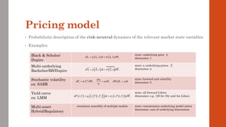 Pricing model
• Probabilistic description of the risk-neutral dynamics of the relevant market state variables
• Examples:
Black & Scholes/
Dupire
state: underlying price
dimension: 1
Multi-underlying
Bachelier/BS/Dupire
state: n underlying prices
dimension: n
Stochastic volatility
ex: SABR
state: forward and volatility
dimension: 2
Yield curve
ex: LMM
state: all forward Libors
dimension: e.g. 120 for 30y and 3m Libors
Multi-asset
Hybrid/Regulatory
consistent assembly of multiple models state: concatenates underlying model states
dimension: sum of underlying dimensions
( ) ( )
, ,
t t t t
dS S t dt S t dW
 
= + t
S
( ) ( )
, , t
t t t
dS S t dt S t dW
 
= +
t
S
t
t t t t t t t
t
d
dF F dW dZ dW dZ dt
 
  

= = =
( ) ( )
 
( ) ( )
( )
, , , , ,
i i j i i t
dF t T t F t T dt t F t T dW
 
= +
 